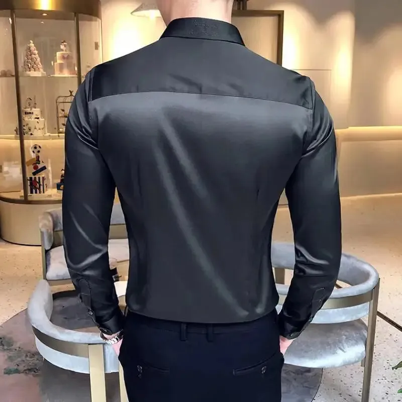 2024 Men's Shirt Neckline Embroidery Long Sleeve Casual Slim Men's Dress Shirt Solid Color Formal Business Social Clothing Top