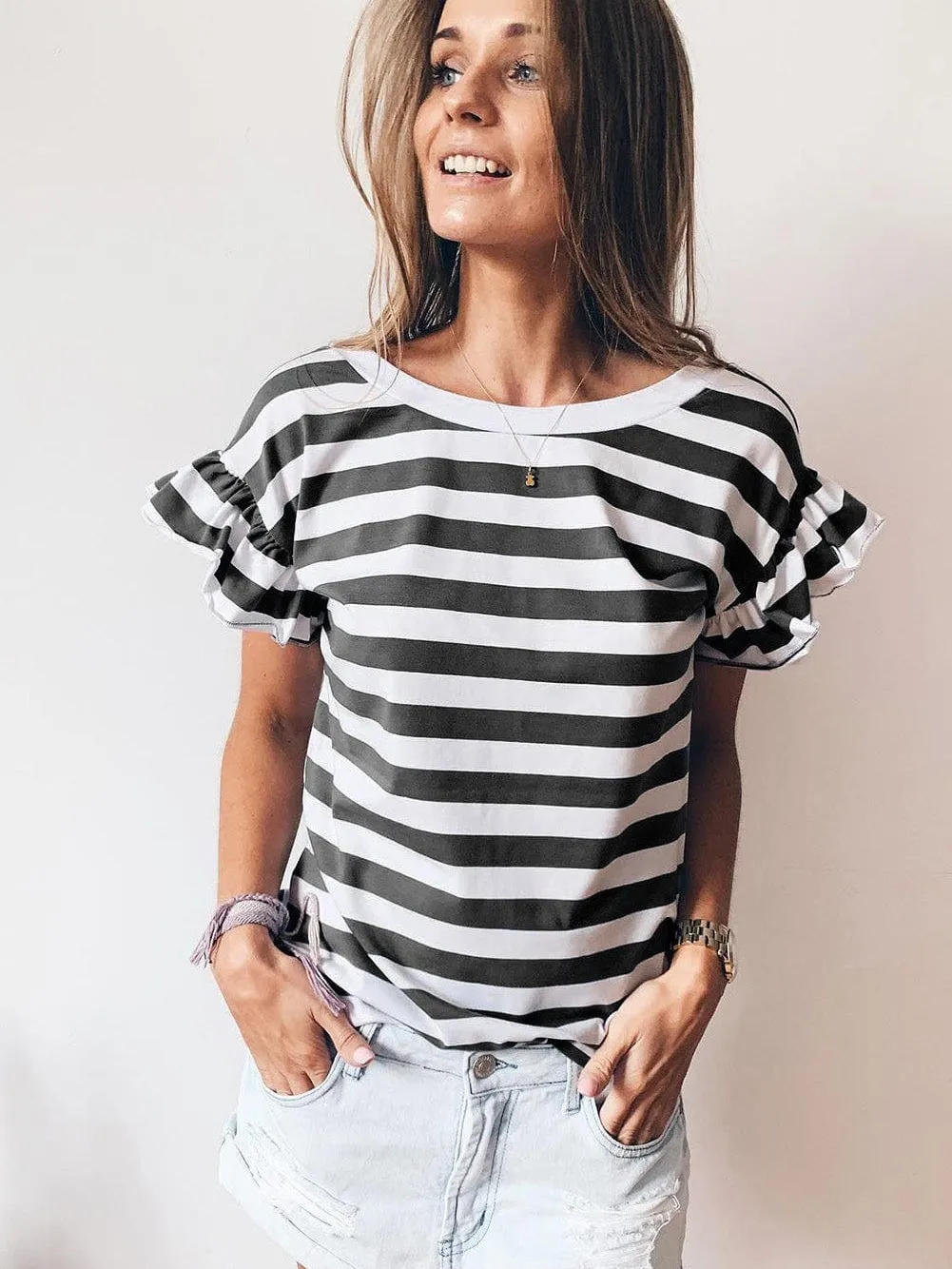 Black and White Striped V Neck Ruffle Sleeve Tee