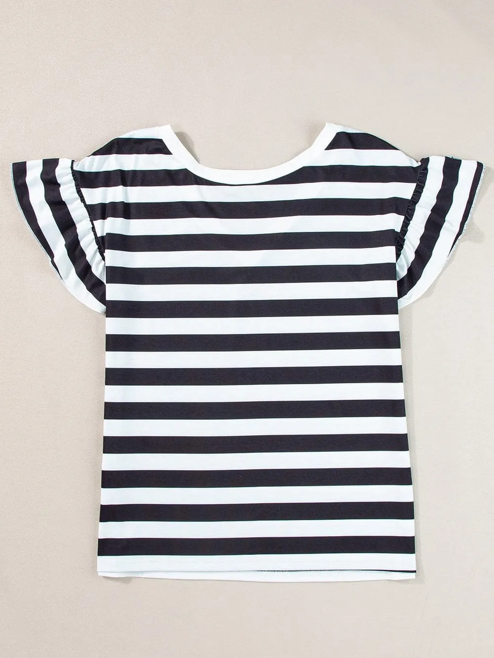 Black and White Striped V Neck Ruffle Sleeve Tee