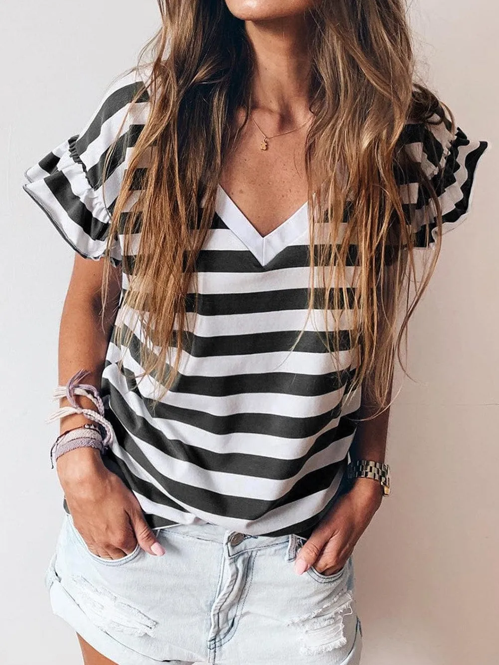 Black and White Striped V Neck Ruffle Sleeve Tee