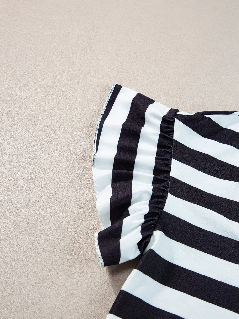 Black and White Striped V Neck Ruffle Sleeve Tee