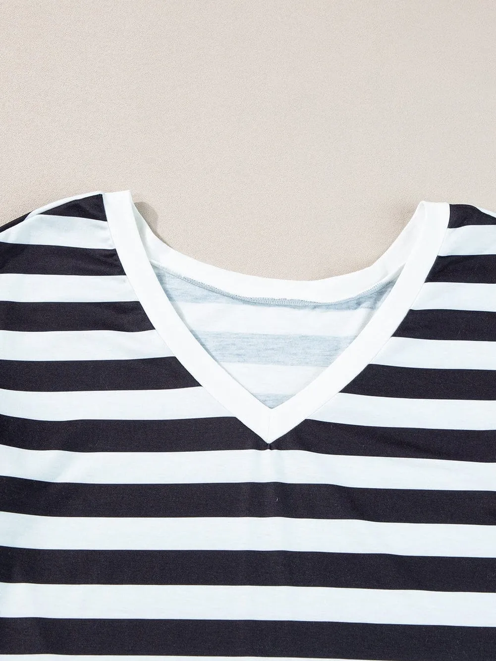 Black and White Striped V Neck Ruffle Sleeve Tee