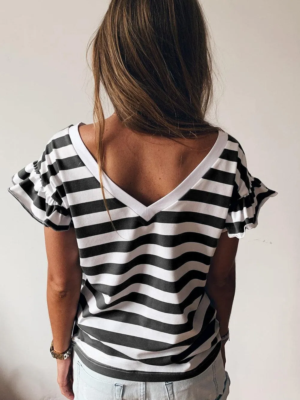 Black and White Striped V Neck Ruffle Sleeve Tee