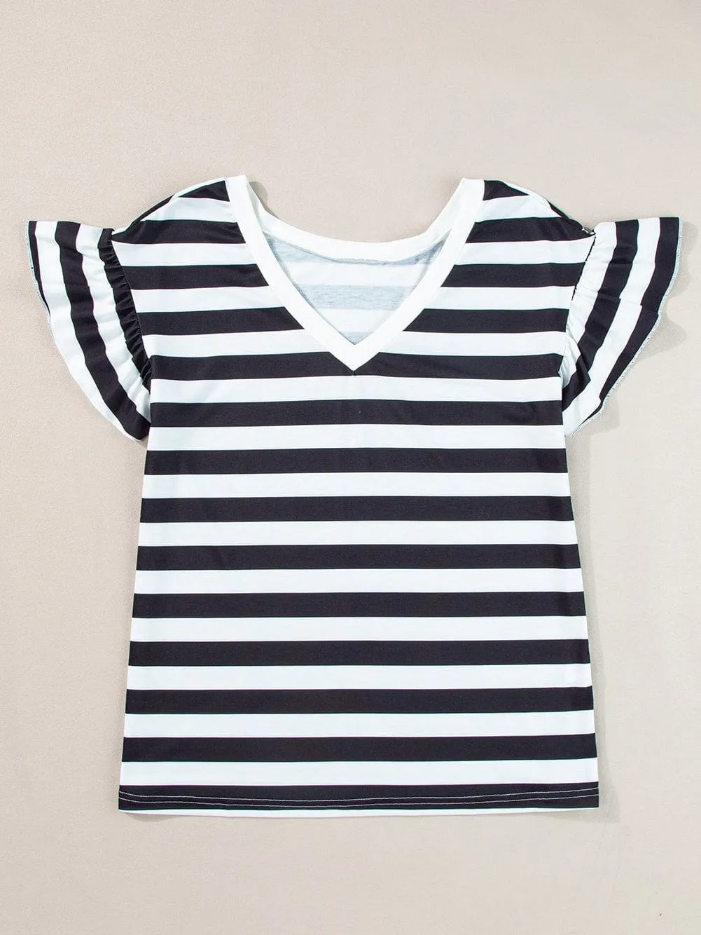 Black and White Striped V Neck Ruffle Sleeve Tee