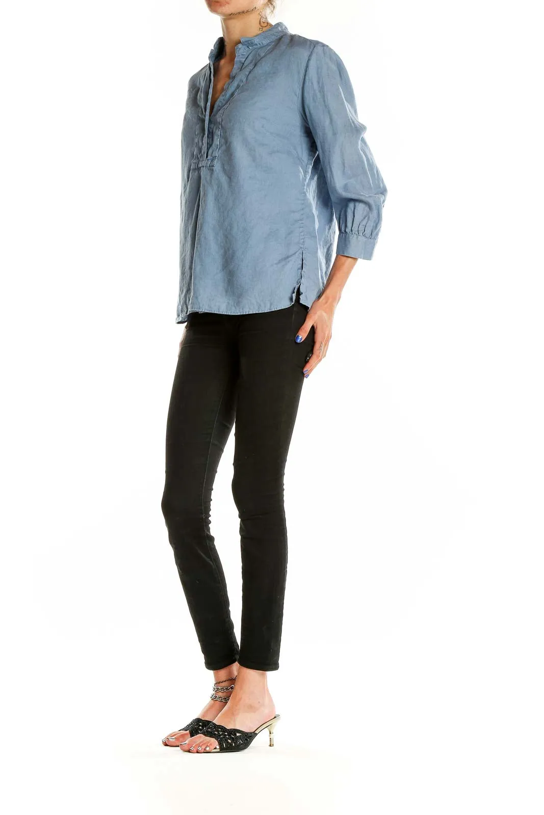 Blue Relaxed Fit V-Neck Blouse