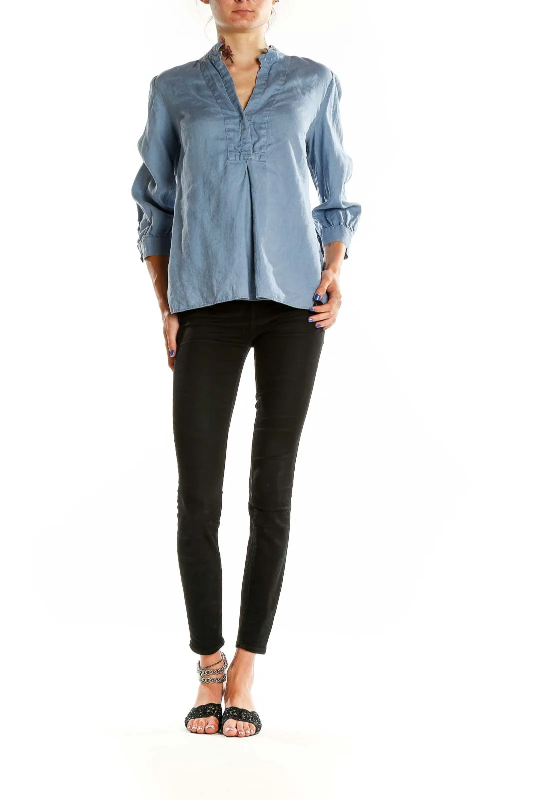 Blue Relaxed Fit V-Neck Blouse