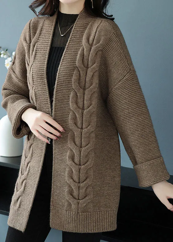 Camel Patchwork Women Thick Wool Cardigans V Neck Fall LY9184