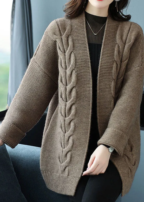 Camel Patchwork Women Thick Wool Cardigans V Neck Fall LY9184