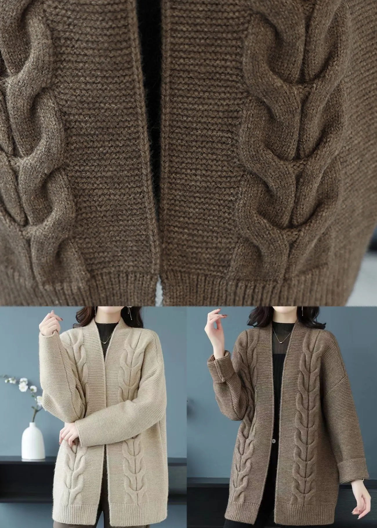 Camel Patchwork Women Thick Wool Cardigans V Neck Fall LY9184