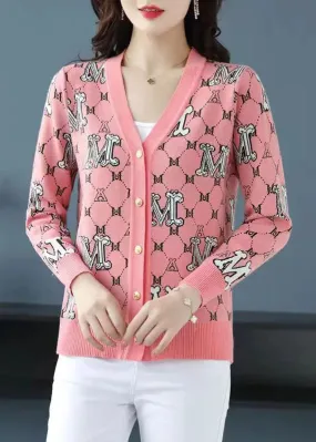 Classy Pink V Neck Jacquard Patchwork Woolen Loose Cardigans Fall ML0990