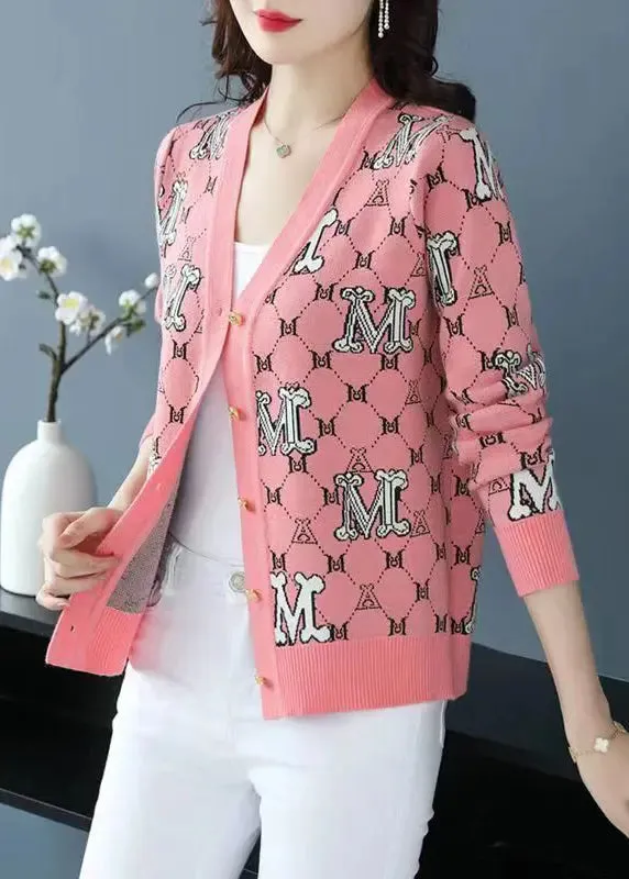 Classy Pink V Neck Jacquard Patchwork Woolen Loose Cardigans Fall ML0990