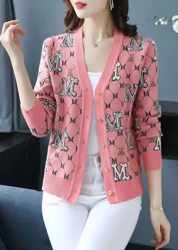 Classy Pink V Neck Jacquard Patchwork Woolen Loose Cardigans Fall ML0990