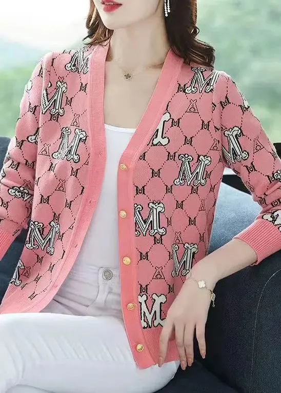 Classy Pink V Neck Jacquard Patchwork Woolen Loose Cardigans Fall ML0990