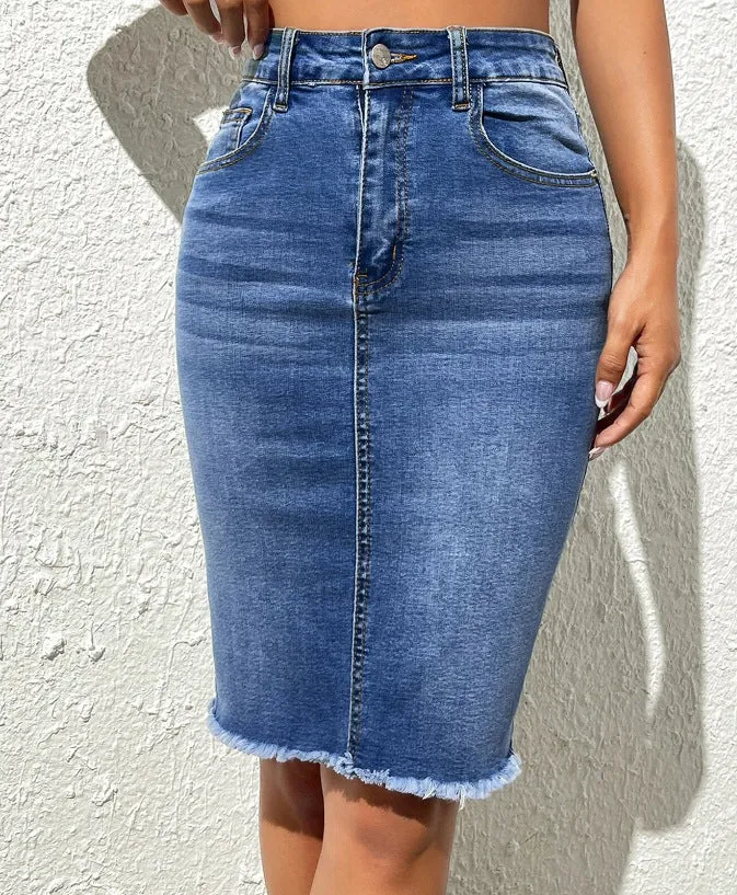 Denim Ripped Back Split Midi Skirts