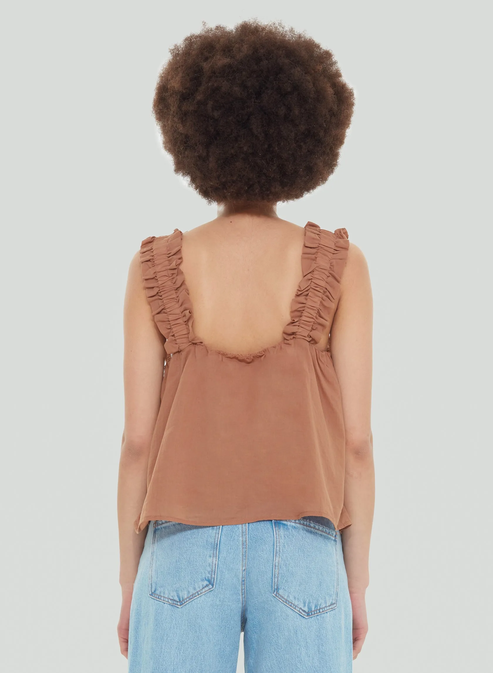 Dex Brown Ruffle Strap Button Cami Top