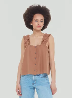 Dex Brown Ruffle Strap Button Cami Top