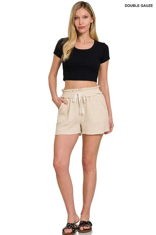 DOUBLE ELASTICBAND DRAWSTRING WAIST SHORTS