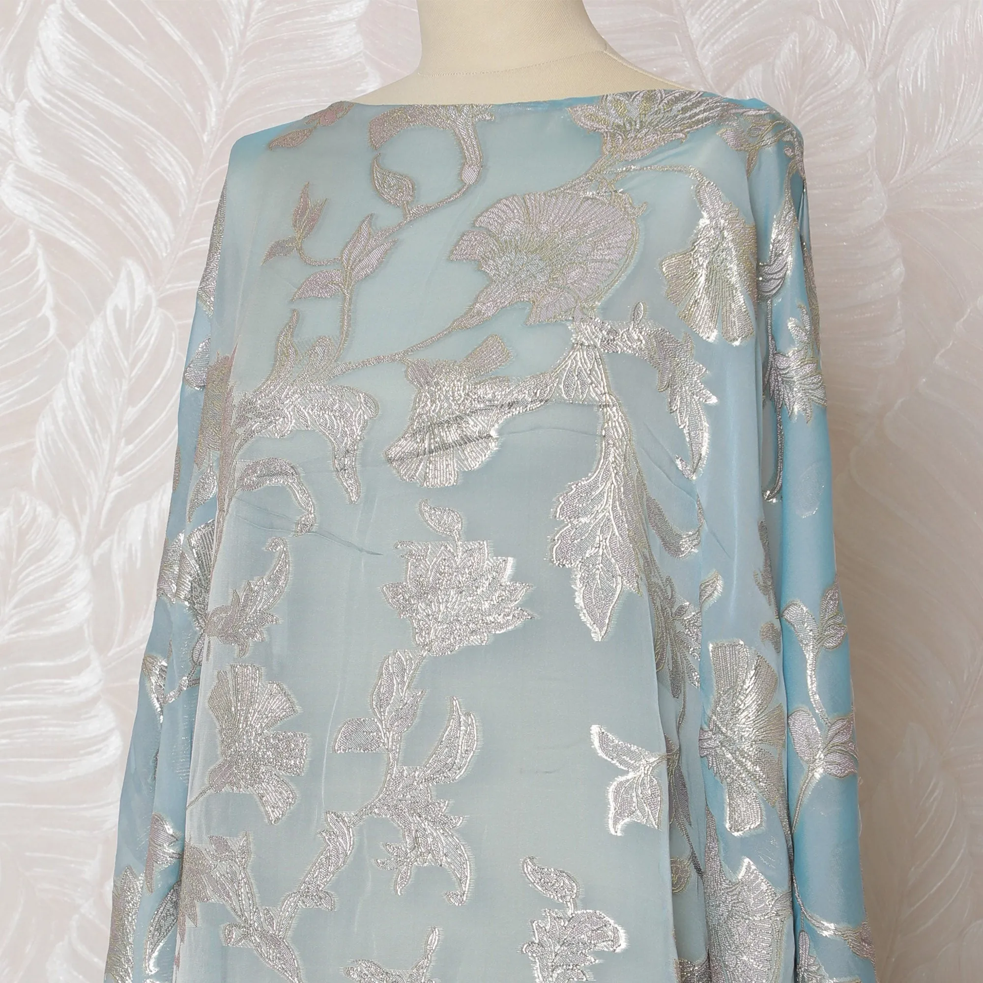 Elegant Sky Blue Floral French Silk Chiffon Fabric with Metallic Lurex, 140 cm Width-D19691