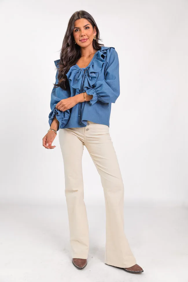 Feel This Way Medium Wash Ruffle Detail Chambray Blouse