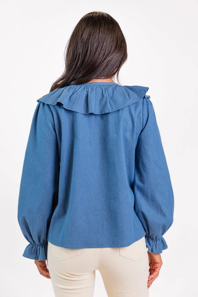 Feel This Way Medium Wash Ruffle Detail Chambray Blouse