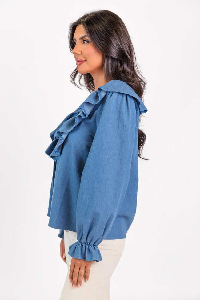 Feel This Way Medium Wash Ruffle Detail Chambray Blouse