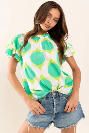 Geometric Woven Ruffle Short Sleeve Top