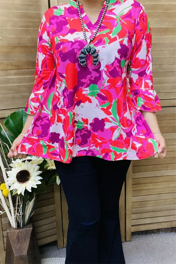 GJQ15810 Turquoise&fuchsia multi color printed 3/4 sleeve w/ruffle women tops w/v-neckline