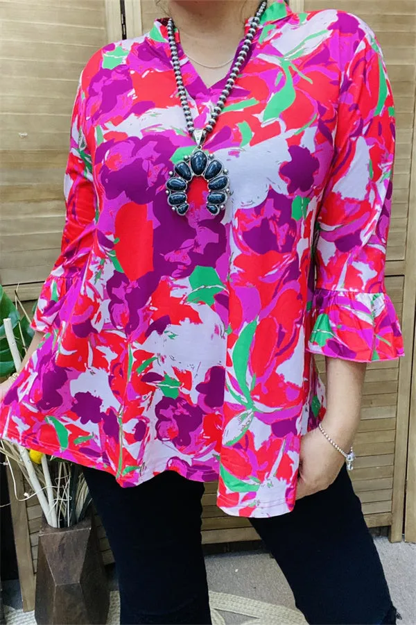 GJQ15810 Turquoise&fuchsia multi color printed 3/4 sleeve w/ruffle women tops w/v-neckline