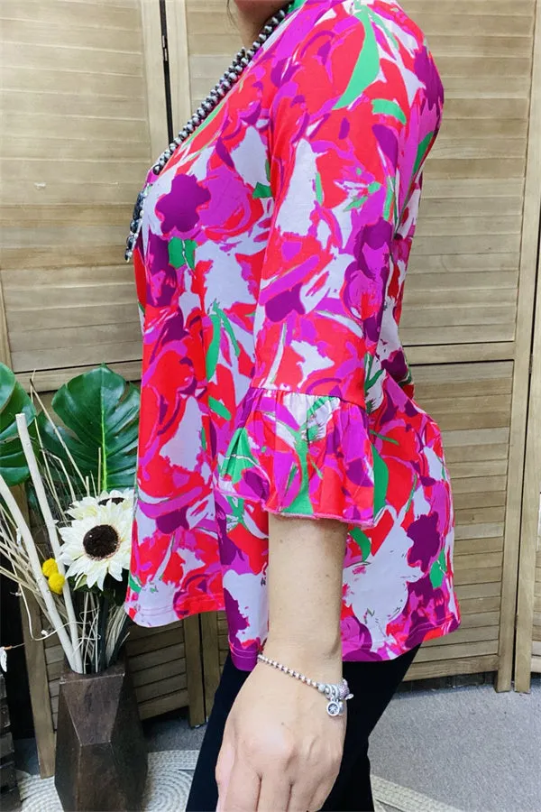 GJQ15810 Turquoise&fuchsia multi color printed 3/4 sleeve w/ruffle women tops w/v-neckline