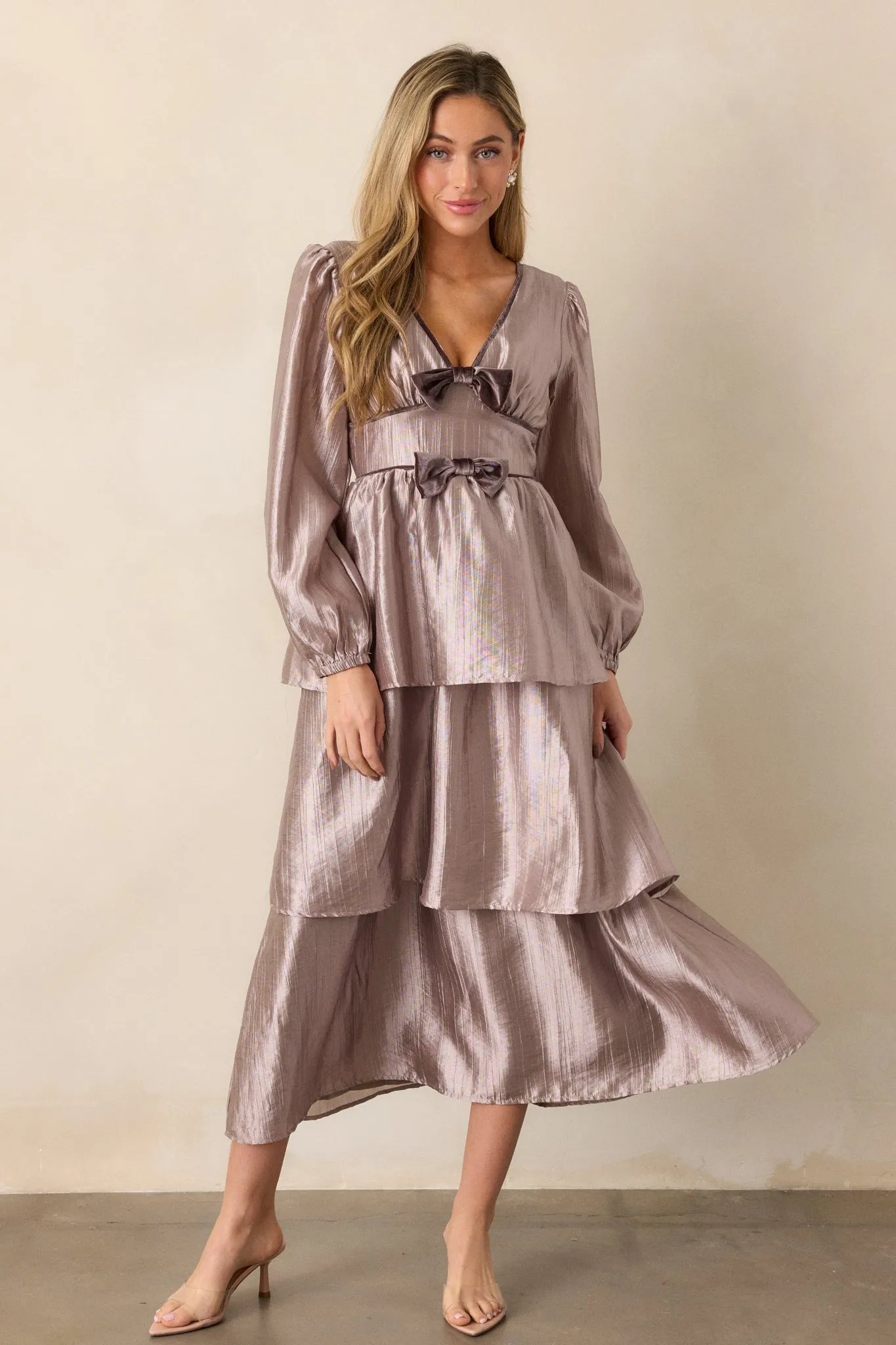 Glamorous Gaze Metallic Grey Tiered Midi Dress