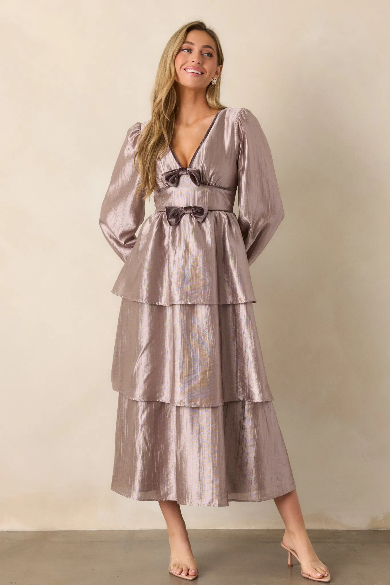 Glamorous Gaze Metallic Grey Tiered Midi Dress