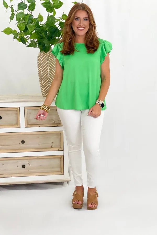 Green Satin Ruffle Sleeve Top *Final Sale*