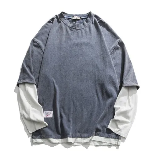 Japanese Streetwear Fake Two Sweatshirts Fashion Round Neck Loose