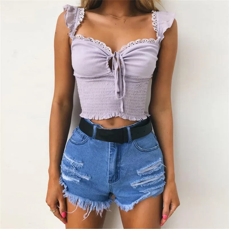 Lace Trimmed Ruffle Strap Front Tie Up Women's ruched Crop Top