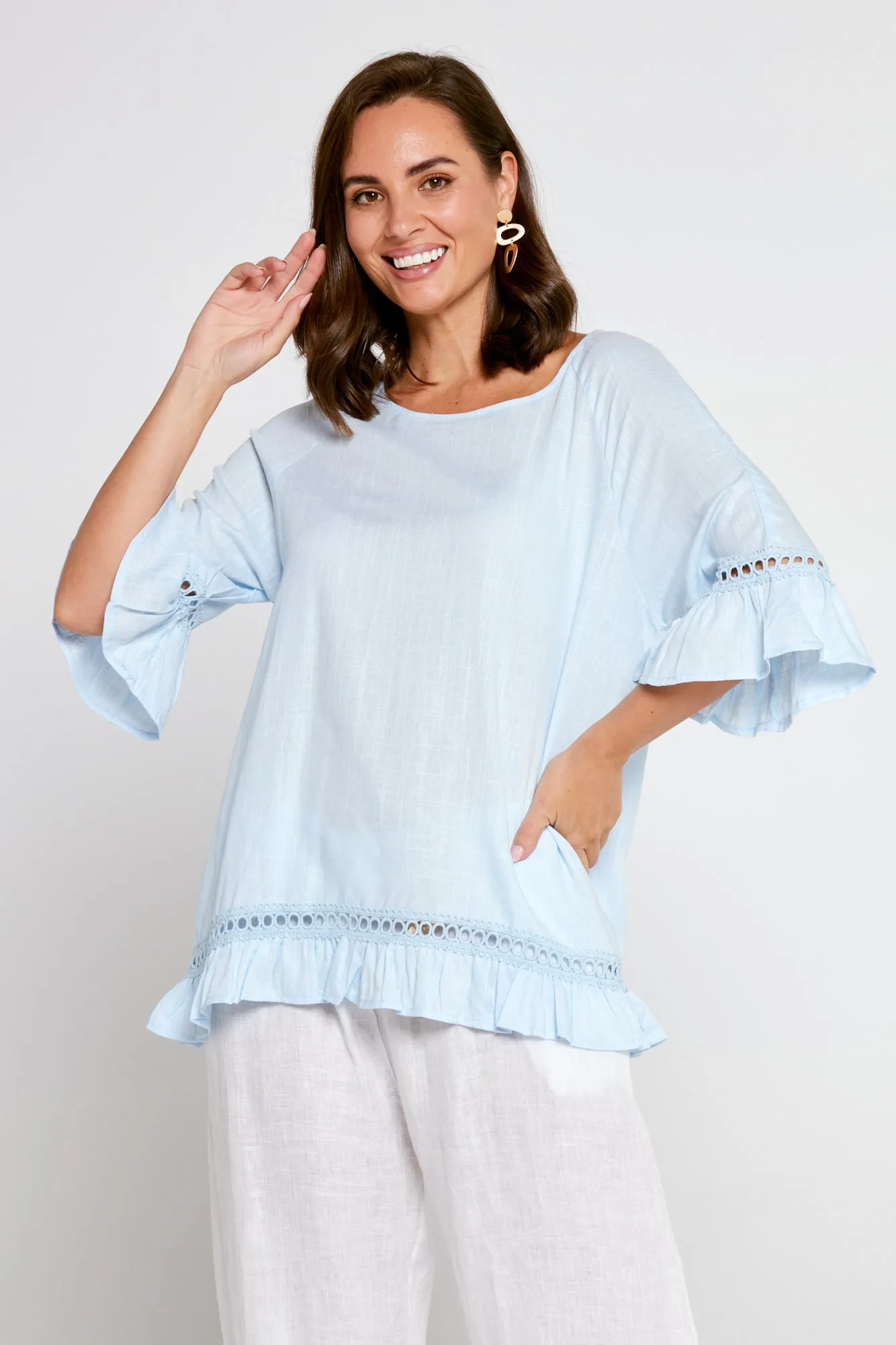 Lorelei Linen Top - Sky Blue