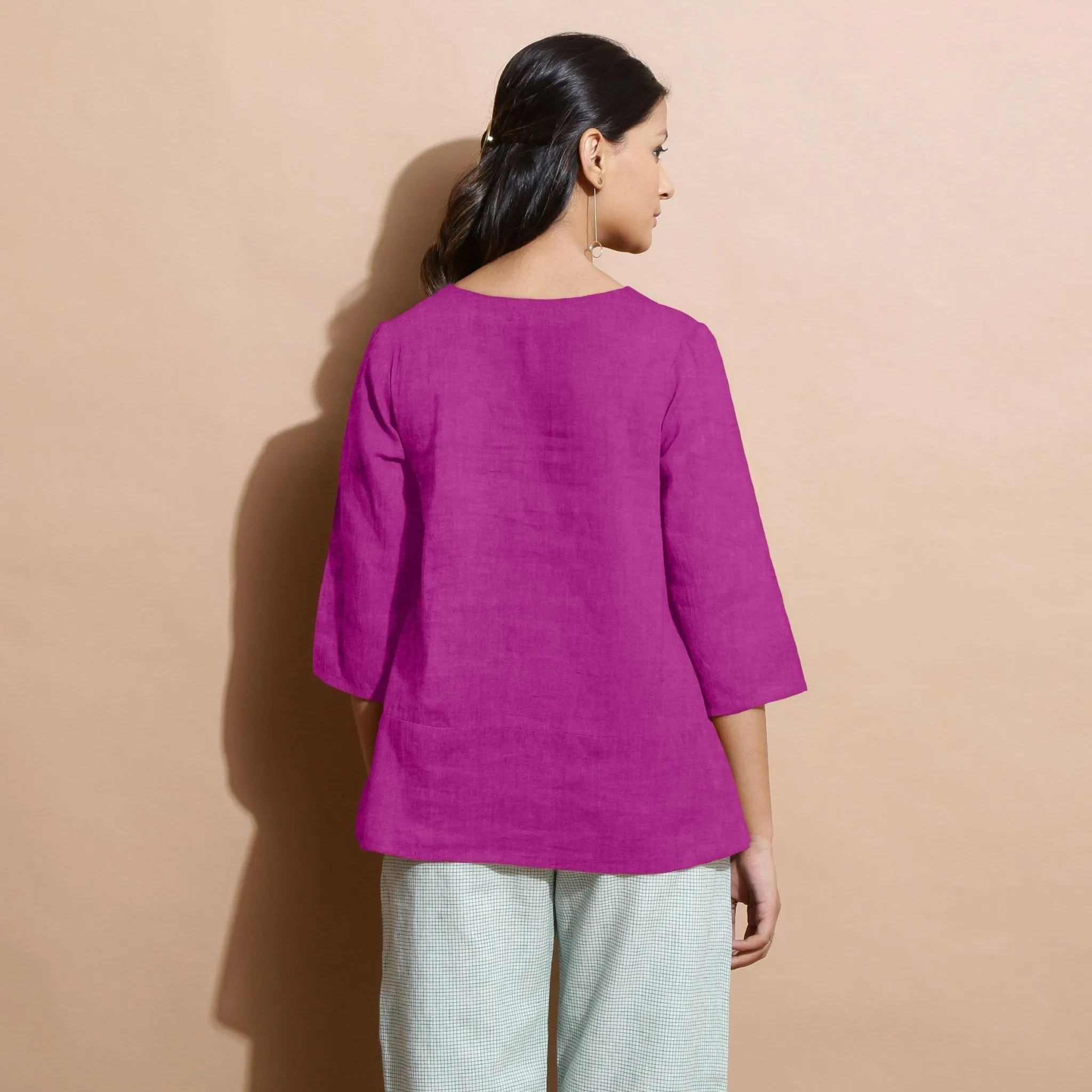 Magenta 100% Linen Split-Neck Tunic Top