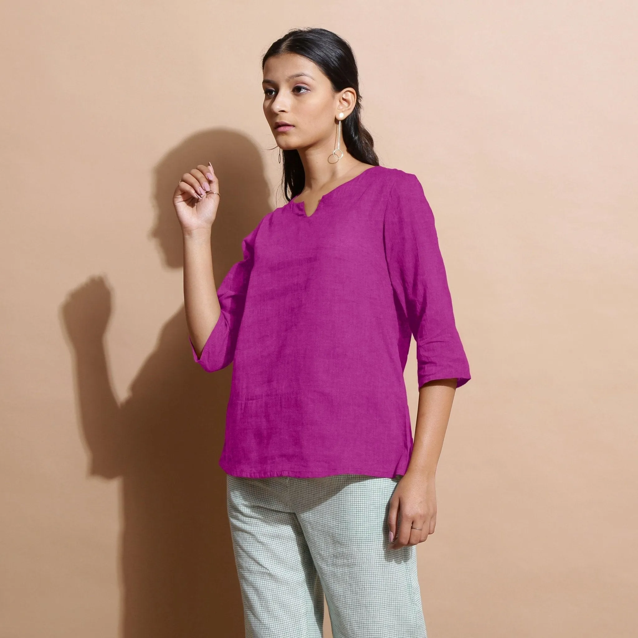 Magenta 100% Linen Split-Neck Tunic Top