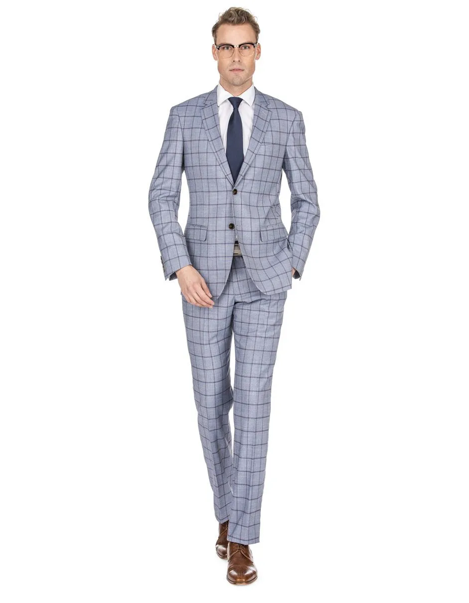 Mens Slim Fit Window Pane Suit Grey