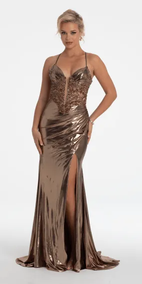 Metallic Foil Plunge Corset Trumpet Dress