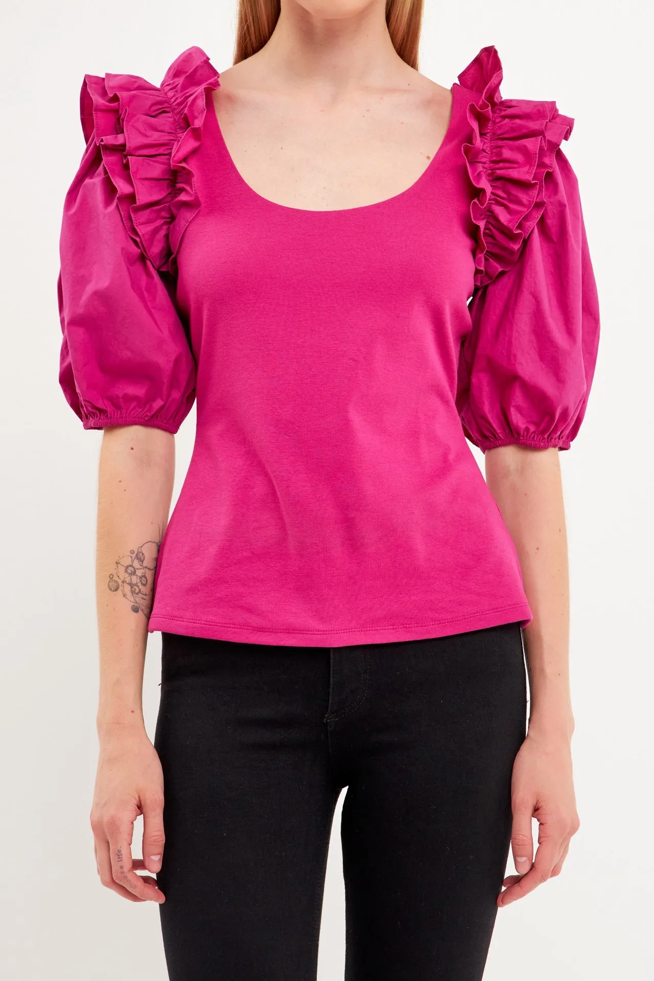 Mixed Media Ruffle Detail Fitted Top