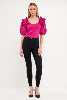 Mixed Media Ruffle Detail Fitted Top