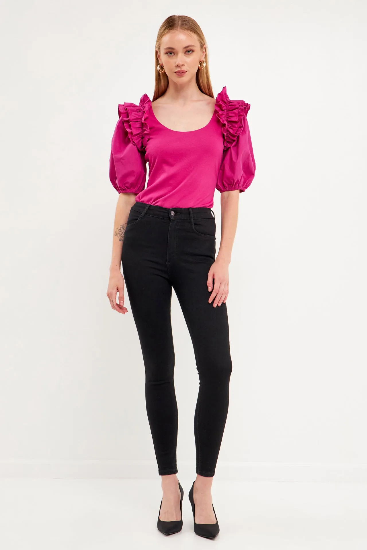 Mixed Media Ruffle Detail Fitted Top