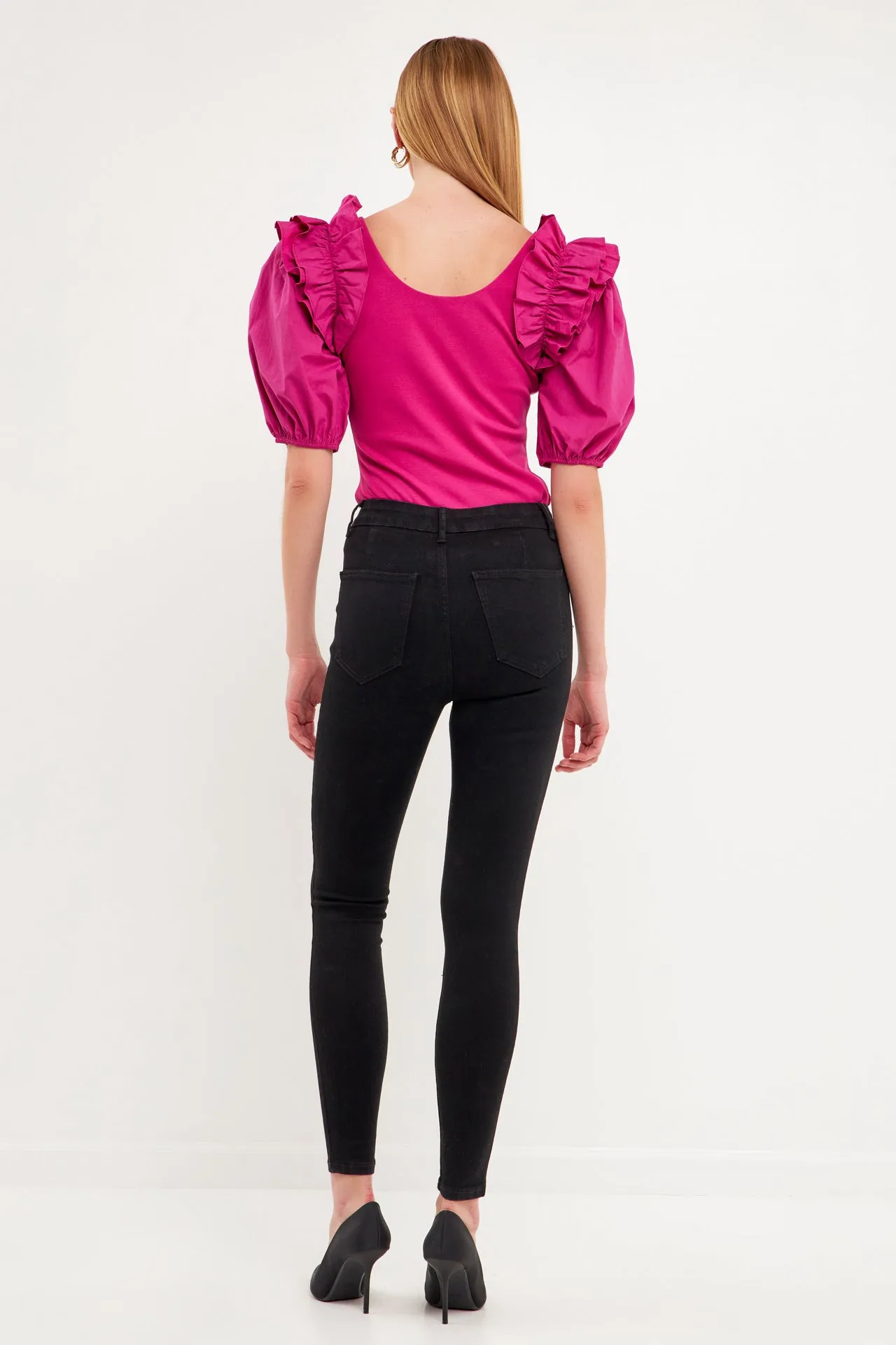 Mixed Media Ruffle Detail Fitted Top