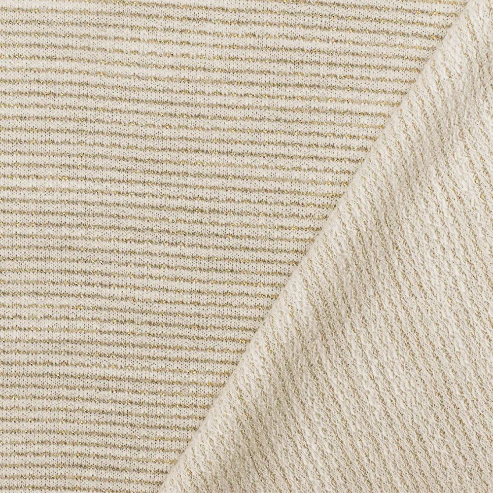 Moon White-Gold-Beige Metallic Stripe Poly Baby French Terry Knit Fabric