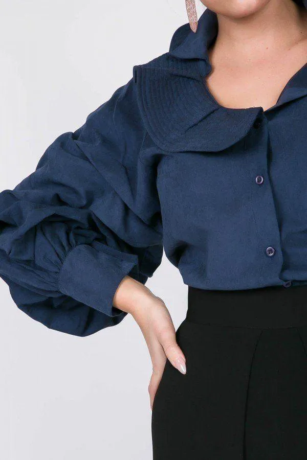 Navy Asymmetrical Ruffle Puff Blouse