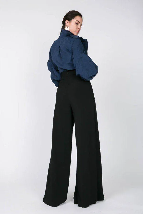 Navy Asymmetrical Ruffle Puff Blouse