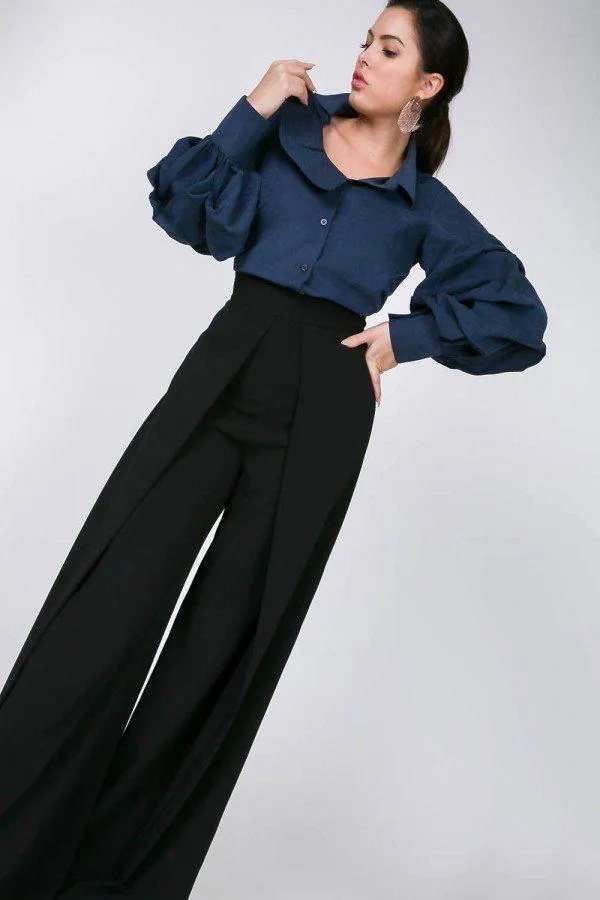 Navy Asymmetrical Ruffle Puff Blouse