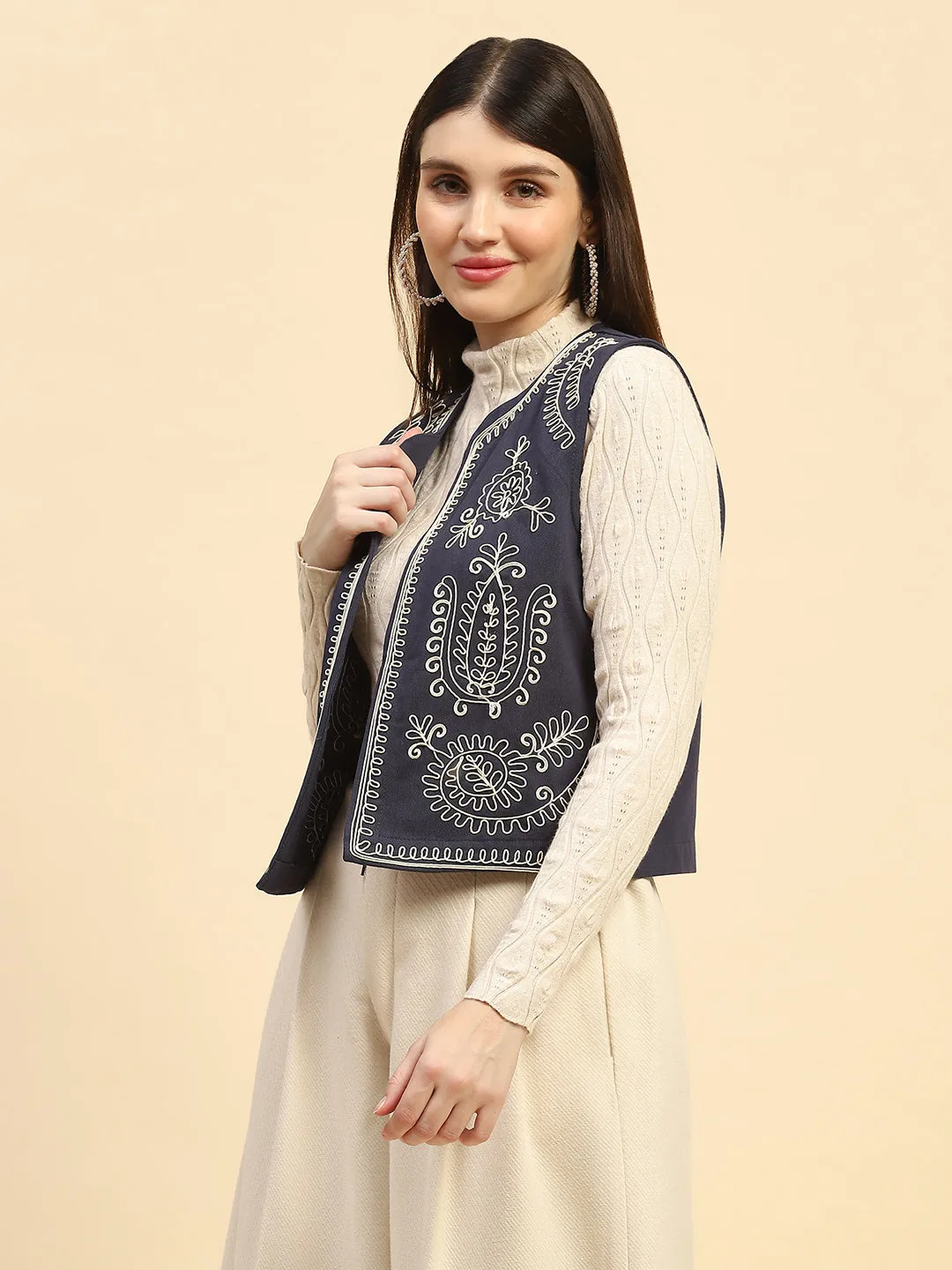 Navy Blue Embroidery Cotton Relaxed Fit Waist Coat