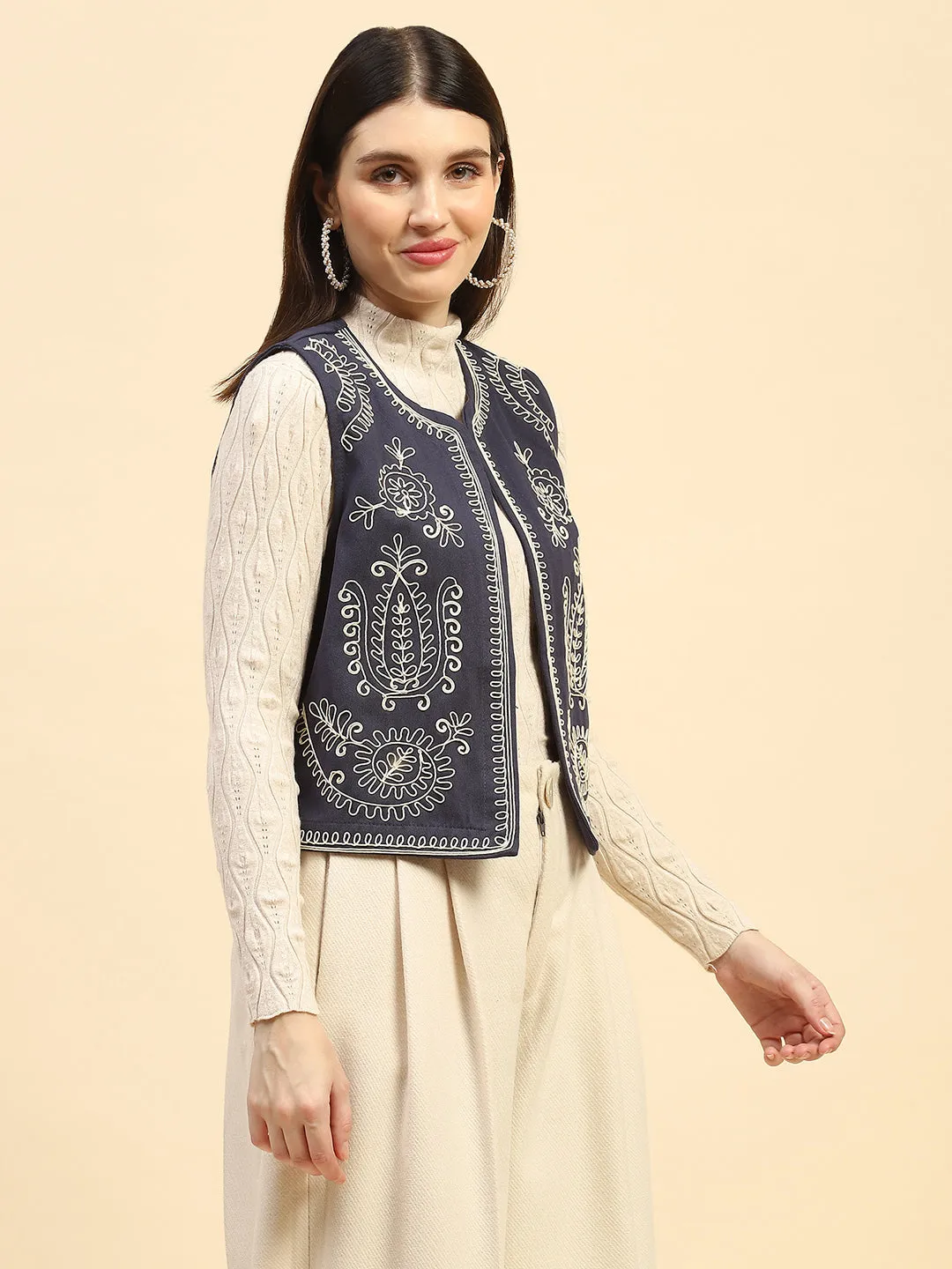 Navy Blue Embroidery Cotton Relaxed Fit Waist Coat