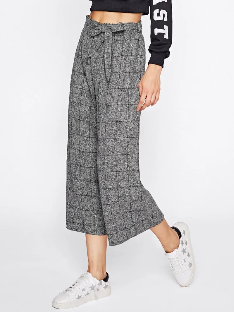 New casual plaid bow Ankle-Length Pants wide leg pants